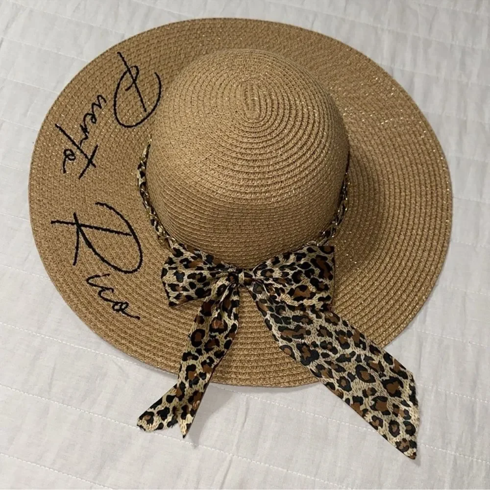 Tan Leopard Gold Tone Chain Scarf Puerto Rico Floppy Hat